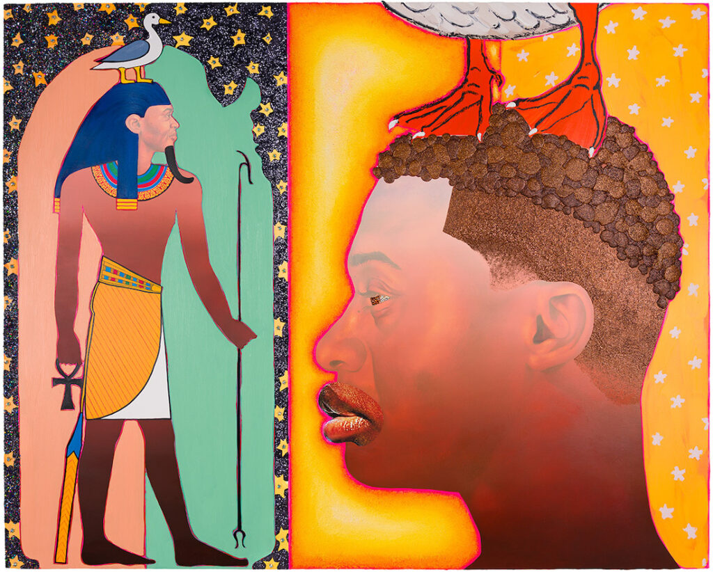 devon-shimoyama-artwork-exhibit-020326-03 A painting features an Egyptian and another Black man with duck feet on his head