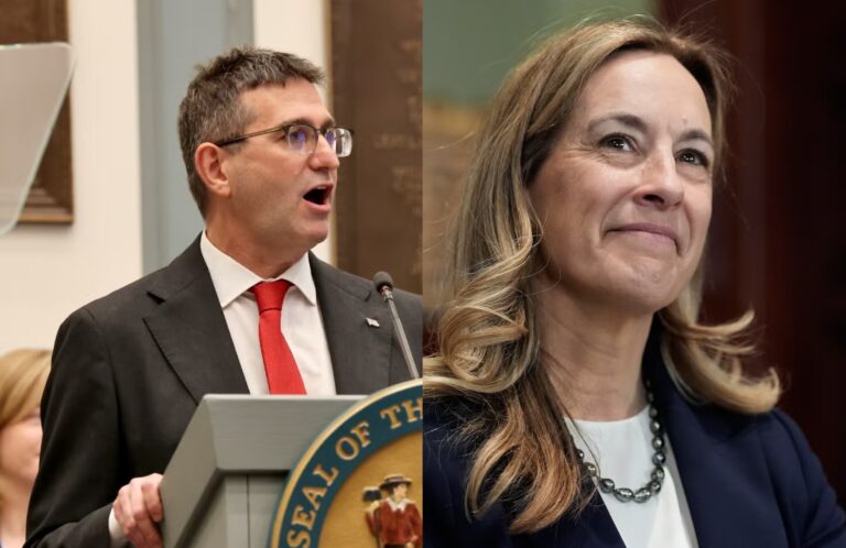side-by-side photos of Mikie Sherrill and Matt Meyer
