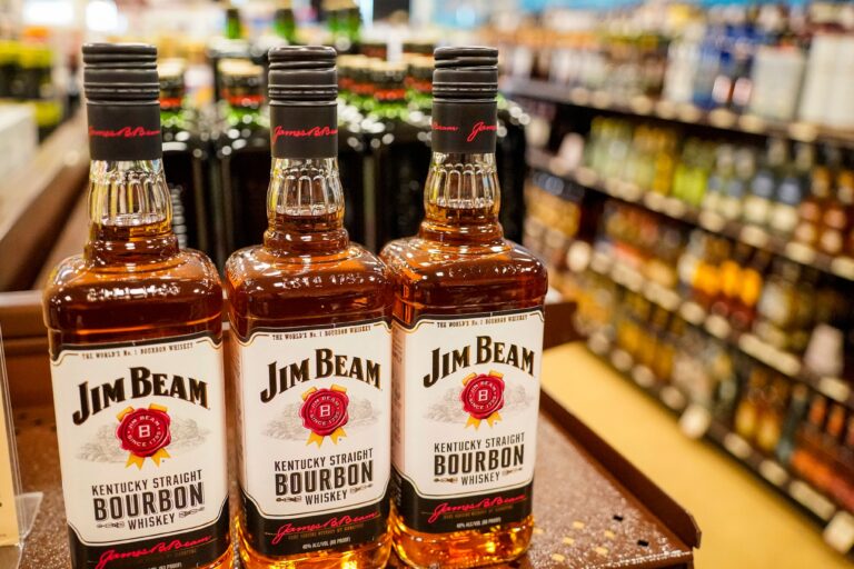 Shelves display bottles of Kentucky bourbon for sale