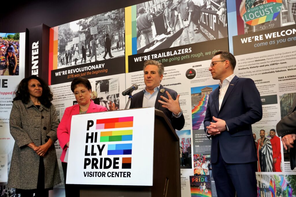 Neil Frauenglass of Visit Philadelphia speaks at the grand opening of Philly Pride Visitor Center