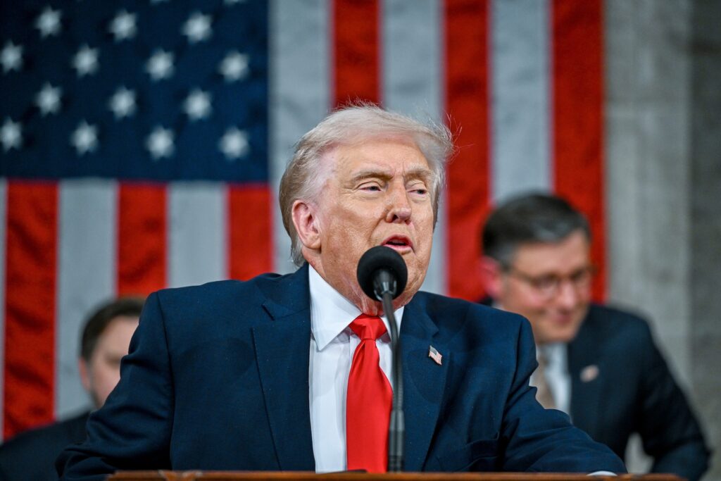 President Donald Trump delivers the State of the Union address to a joint session of Congress in the House chamber at the U.S. Capitol in Washington, Tuesday, Feb. 24, 2026.