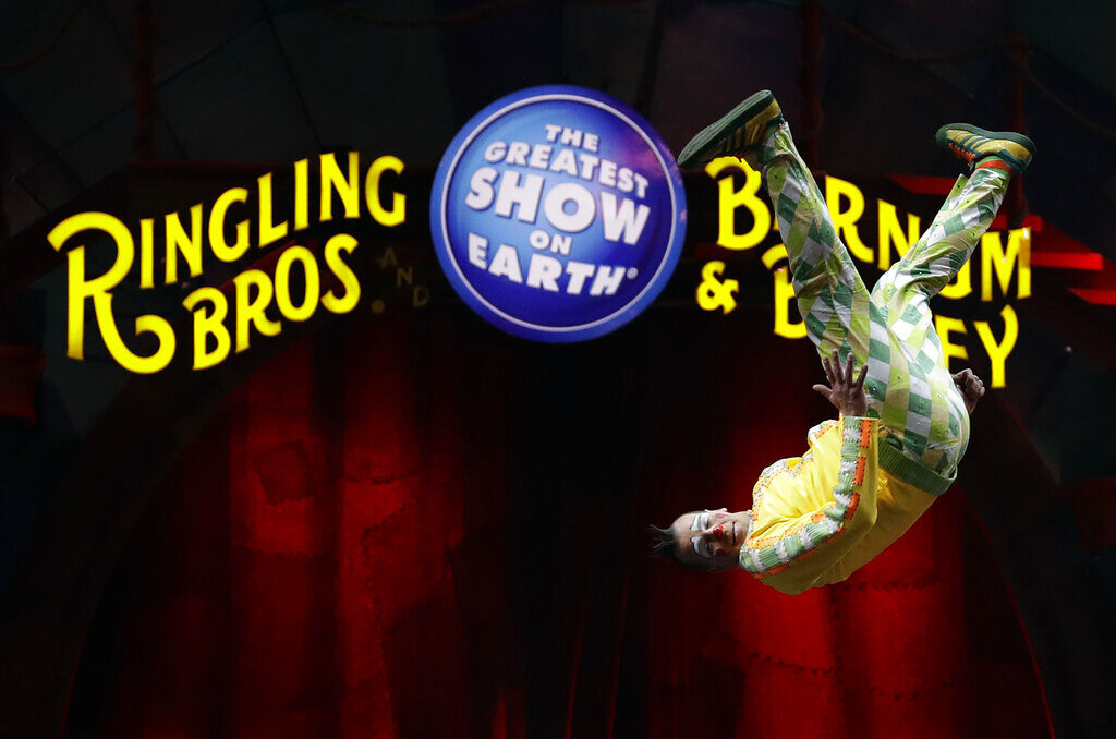 A Ringling Bros. and Barnum & Bailey clown does a somersault