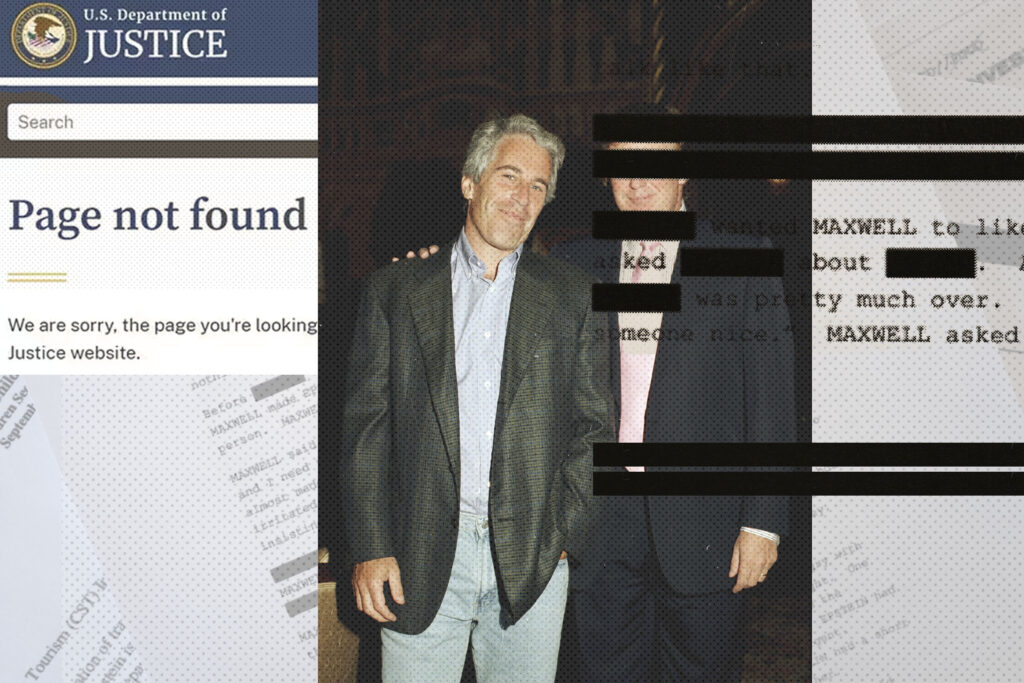Documents featuring Epstein and Trump with black redacted boxes