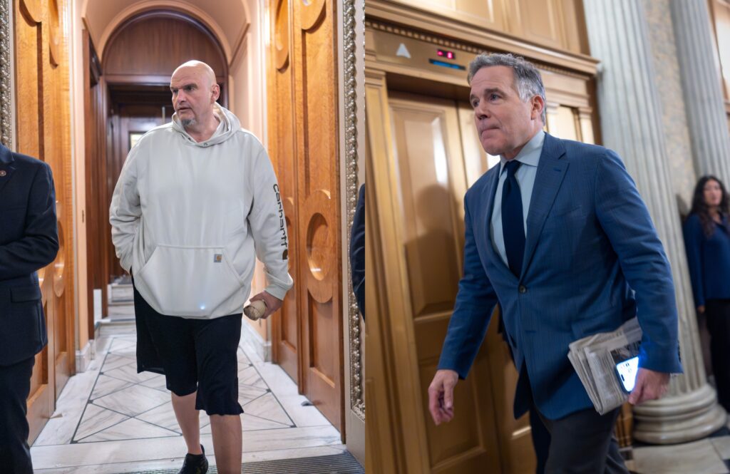 john-fetterman-dave-mccormick-ap side-by-side photos of John Fetterman and Dave McCormick