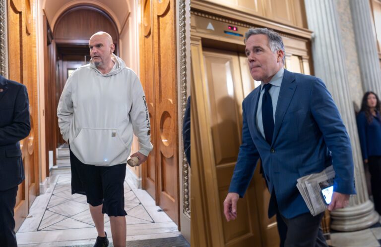 side-by-side photos of John Fetterman and Dave McCormick