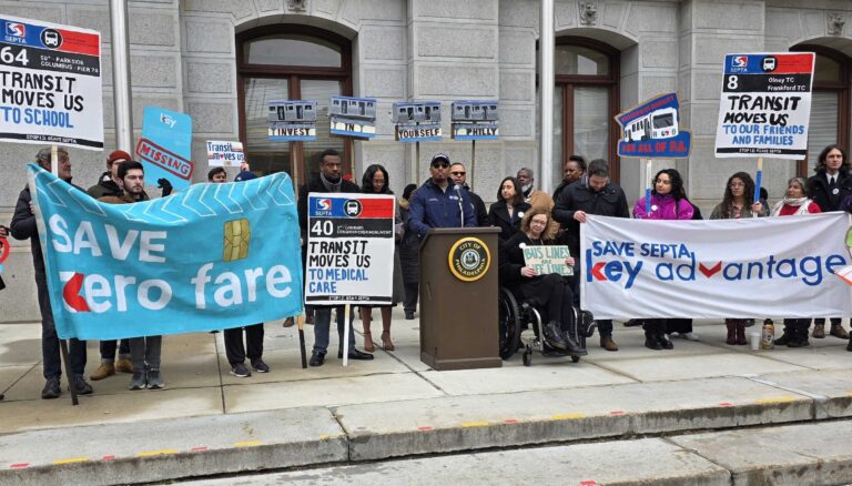 Supporters of SEPTA's free ride programs rally at City Hall