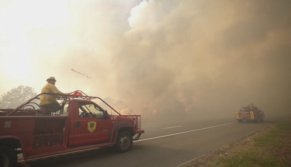 Wildfire New Jersey Firefighters drive towards a fire as smoke fills the air.