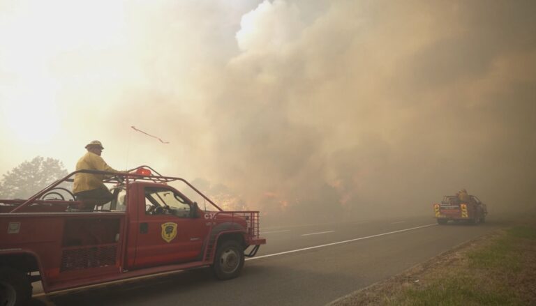 Firefighters drive towards a fire as smoke fills the air.
