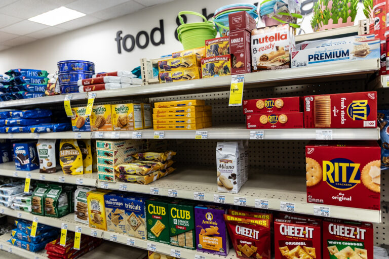 Rows of snacks on display at a store