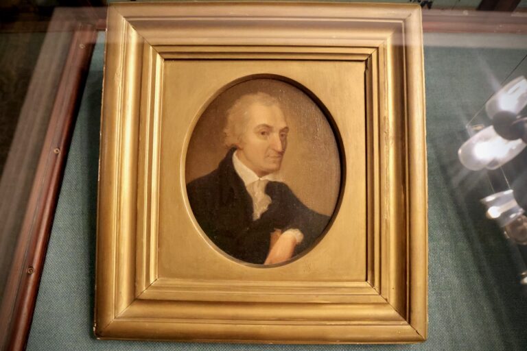 A framed portrait of Benjamin Smith Barton is on display