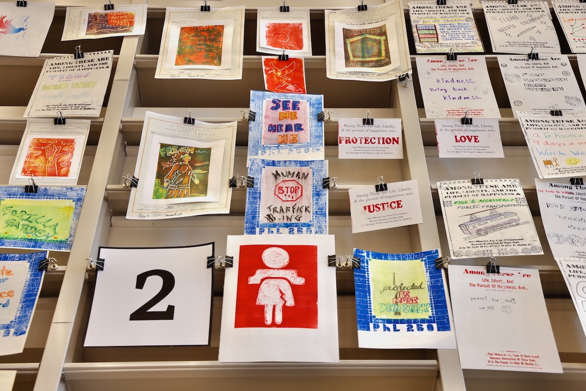 Prints on display for the Mural Arts' project, ''Printmaking by the People.''