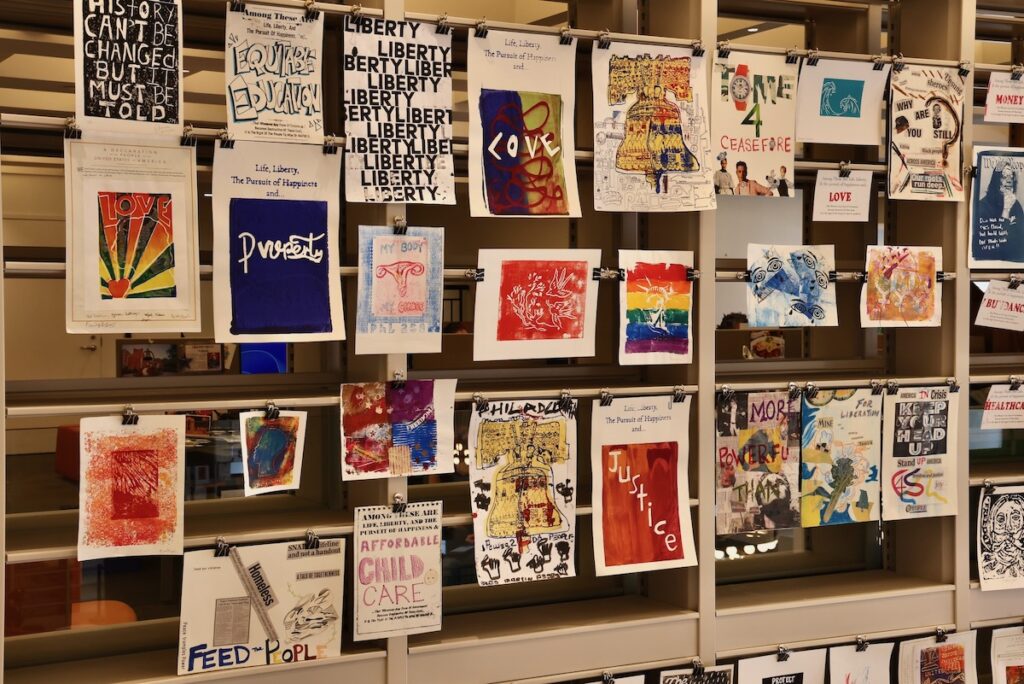 Prints on display for the Mural Arts' project, ''Printmaking by the People.''