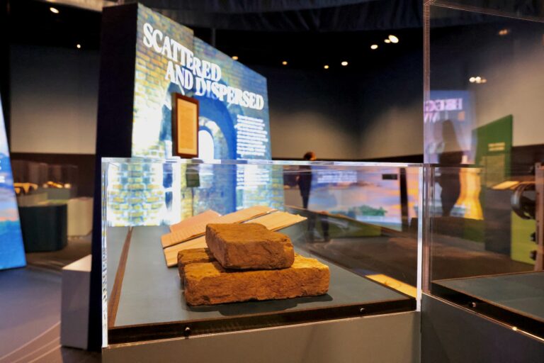 Bricks from the Honen Dalim synagogue on St. Eustatius in a glass case