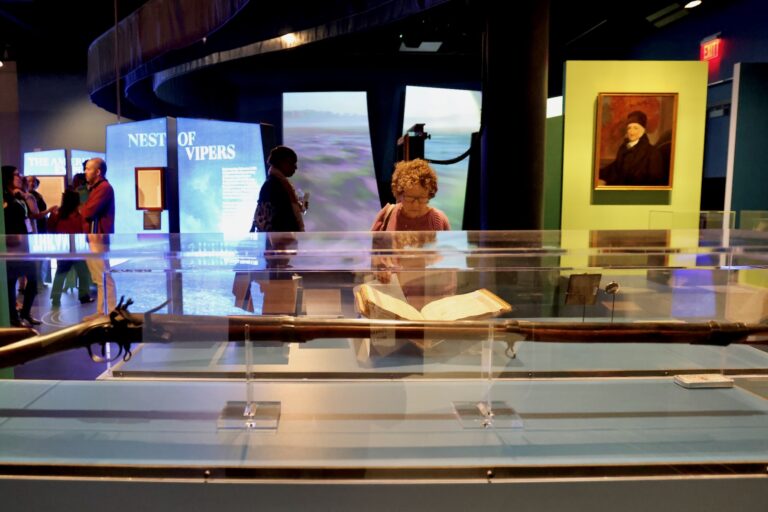 a person looks at The First Salute exhibit