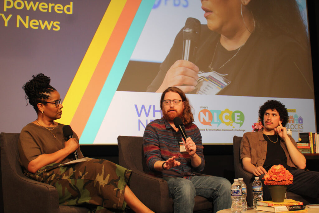 From left, Stephanie Humphrey, content creator and host of “Life and Tech with TechLifeSteph," Alex Pearlman, the content creator behind Pearlmania500, and Santiago Ortiz, content creator at No Shorts Media, speak at the WHYY Civic News Summit