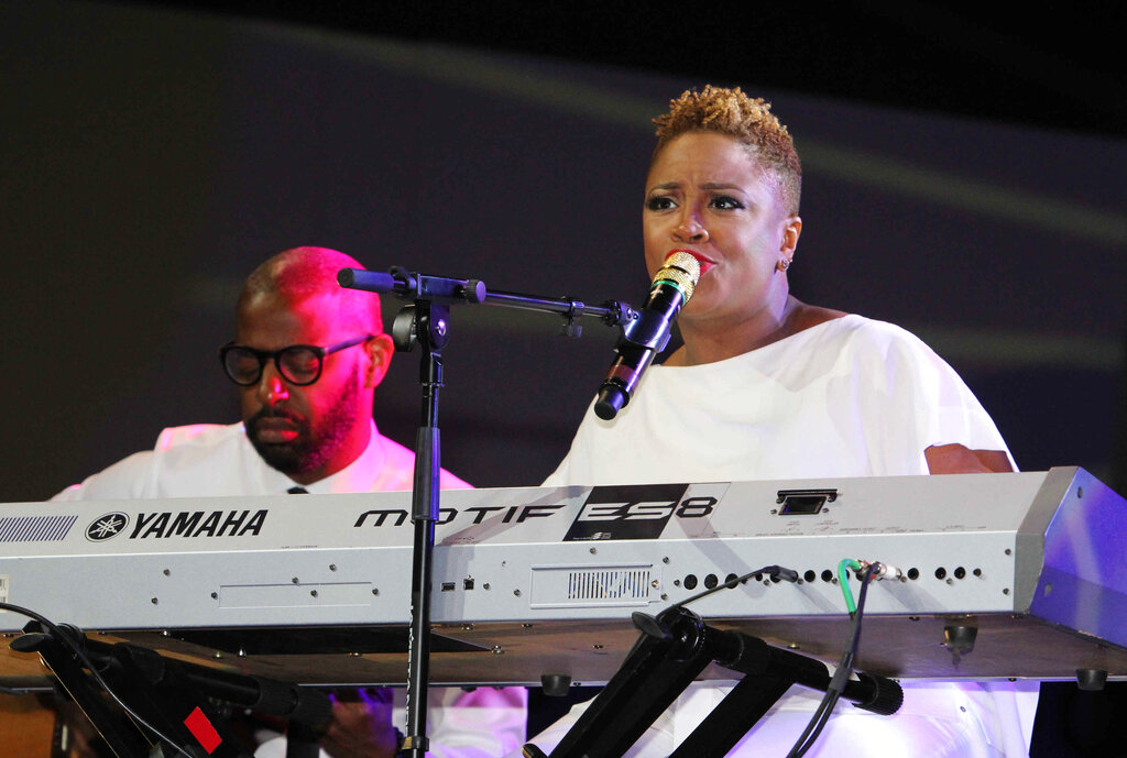 Avery Sunshine plays the keyboard during a performance on the Steve Harvey Morning Show live broadcast