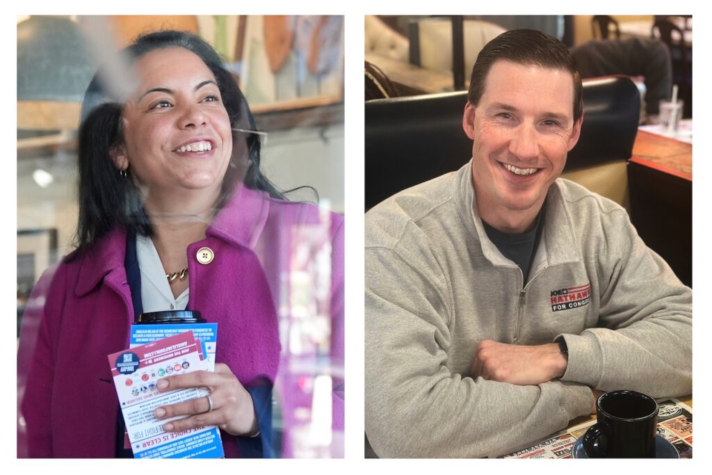 Election 2026 New Jersey Democrat Analilia Mejia on March 24, 2026, in Morristown, N.J., left, and Republican Joe Hathaway