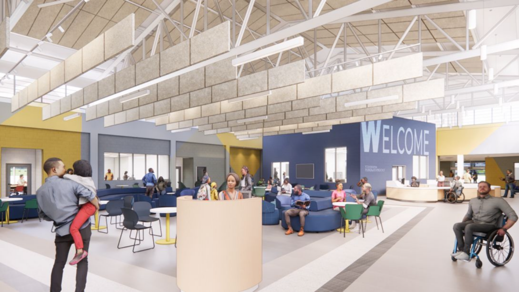 A rendering shows the planned new entrance area and multipurpose room