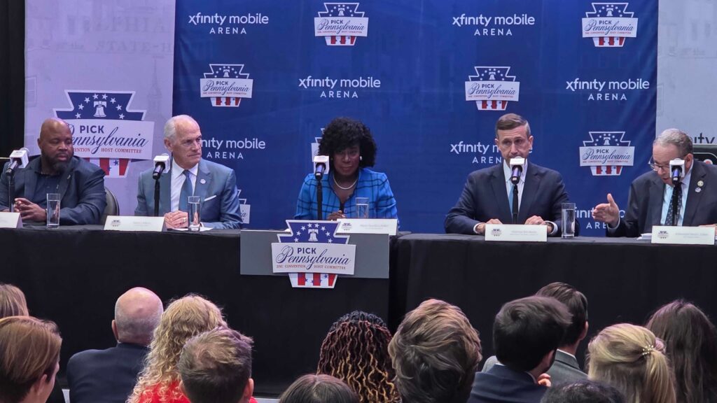 dnc-talks-philadelphia-2026-04-30 Cherelle Parker and others at a press conference