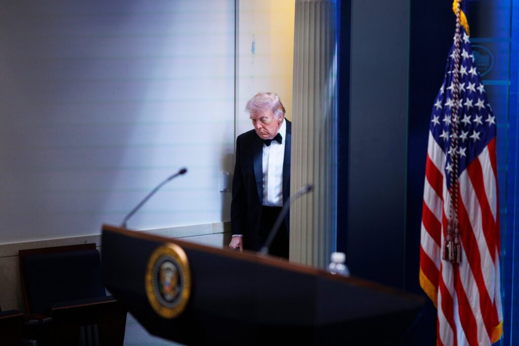 donald-trump-2026-04-25 President Donald Trump arrives at the James Brady Press Briefing Room at the White House