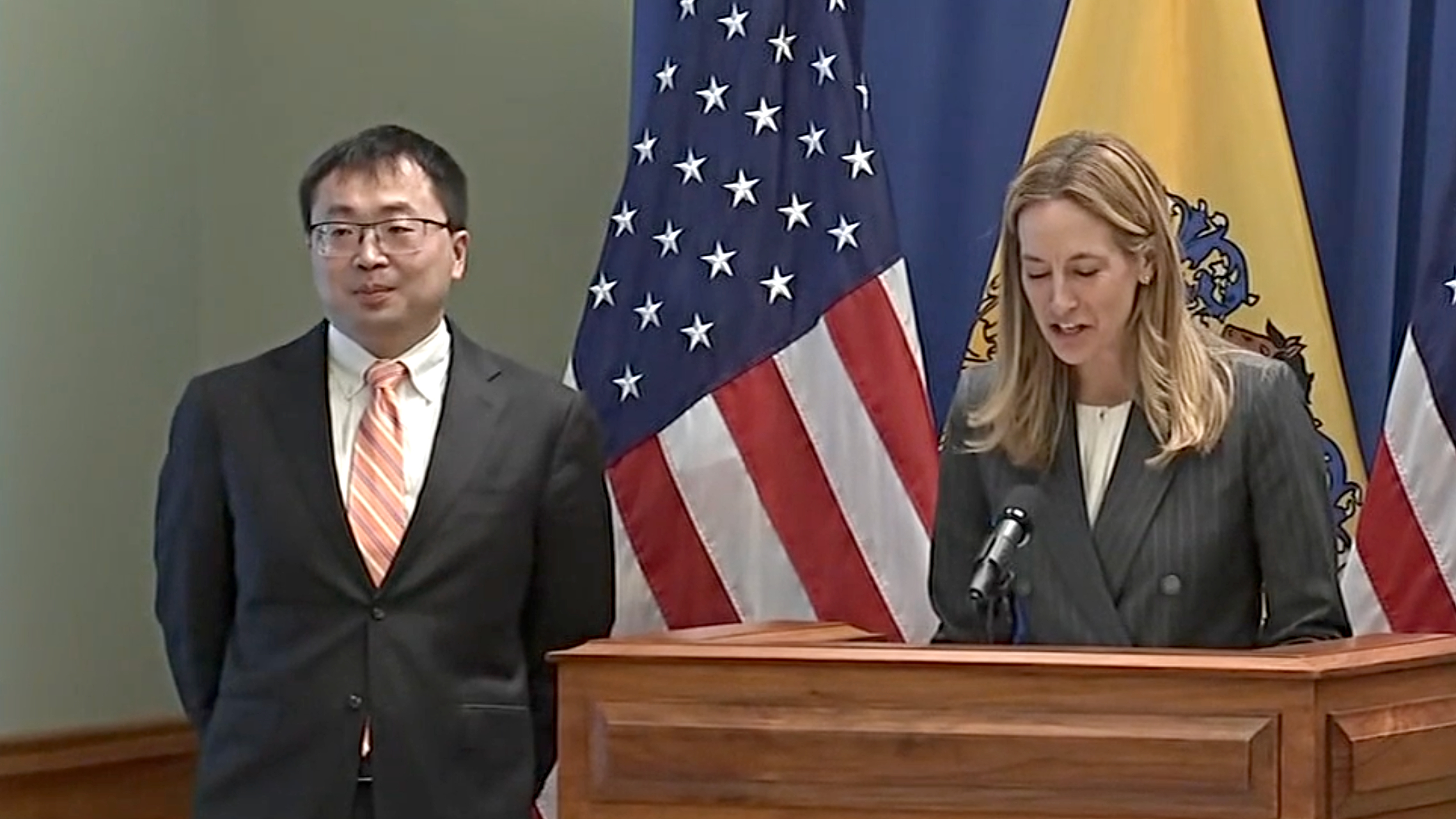 Jamie Ding and Mikie Sherrill at a press conference