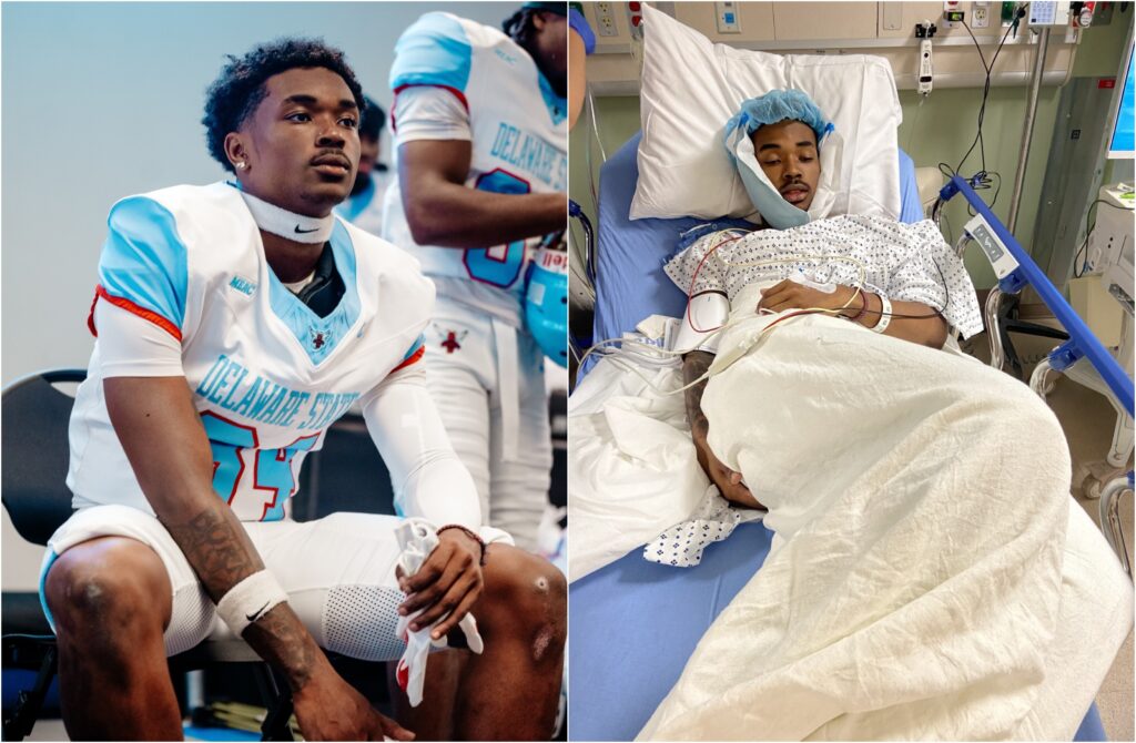 Side by side photos of Malachi Biggs wearing his football uniform, and him bandaged up in a hospital bed.