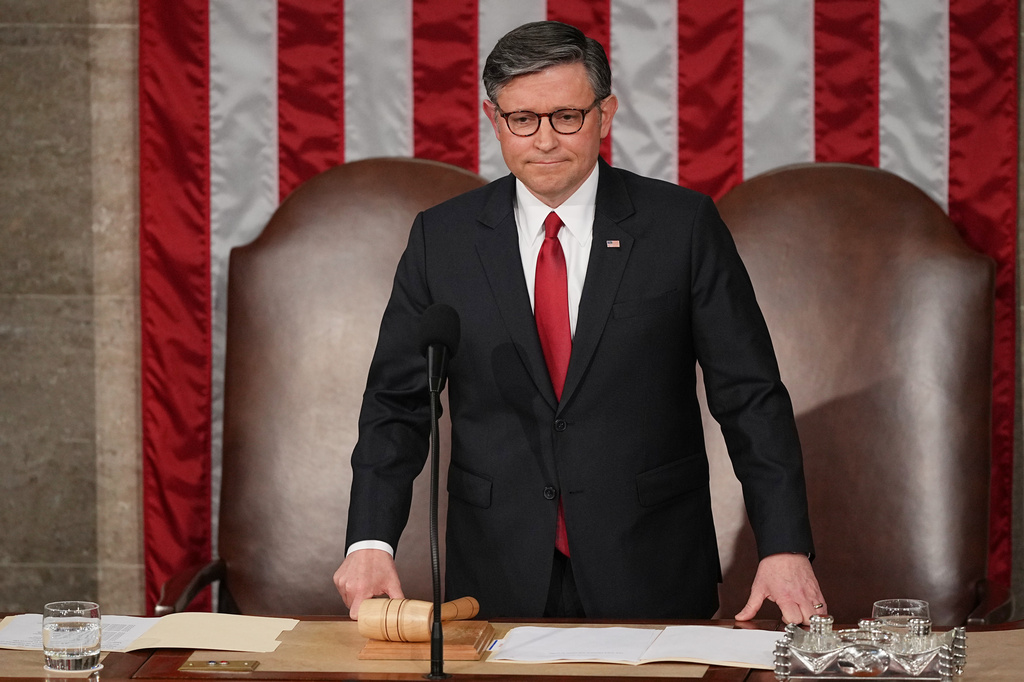 US Britain Royal Visit House Speaker Mike Johnson stands behind a podium