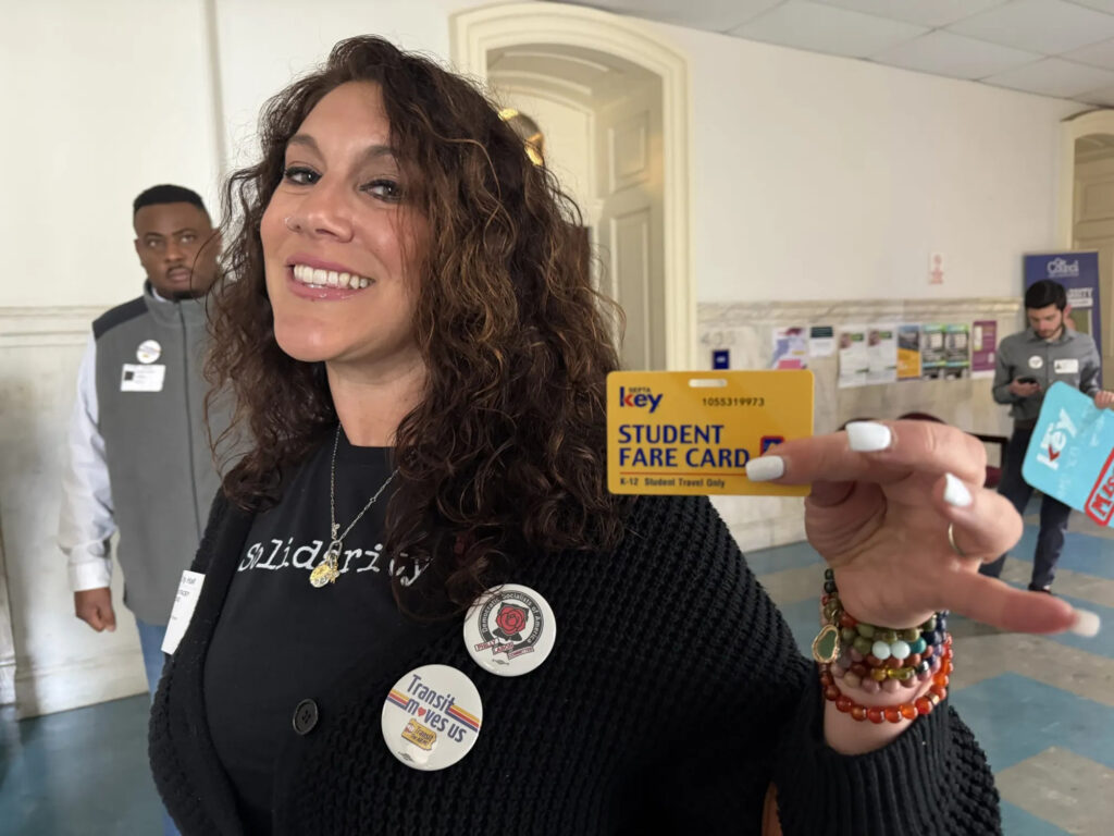 Autumn Fingerhood holds up a SEPTA student fare card