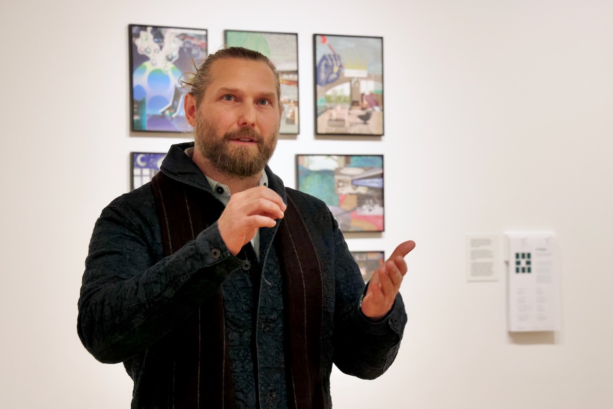 Jesse Krimes showing selected quilts from his series at the Fabric Workshop exhibit
