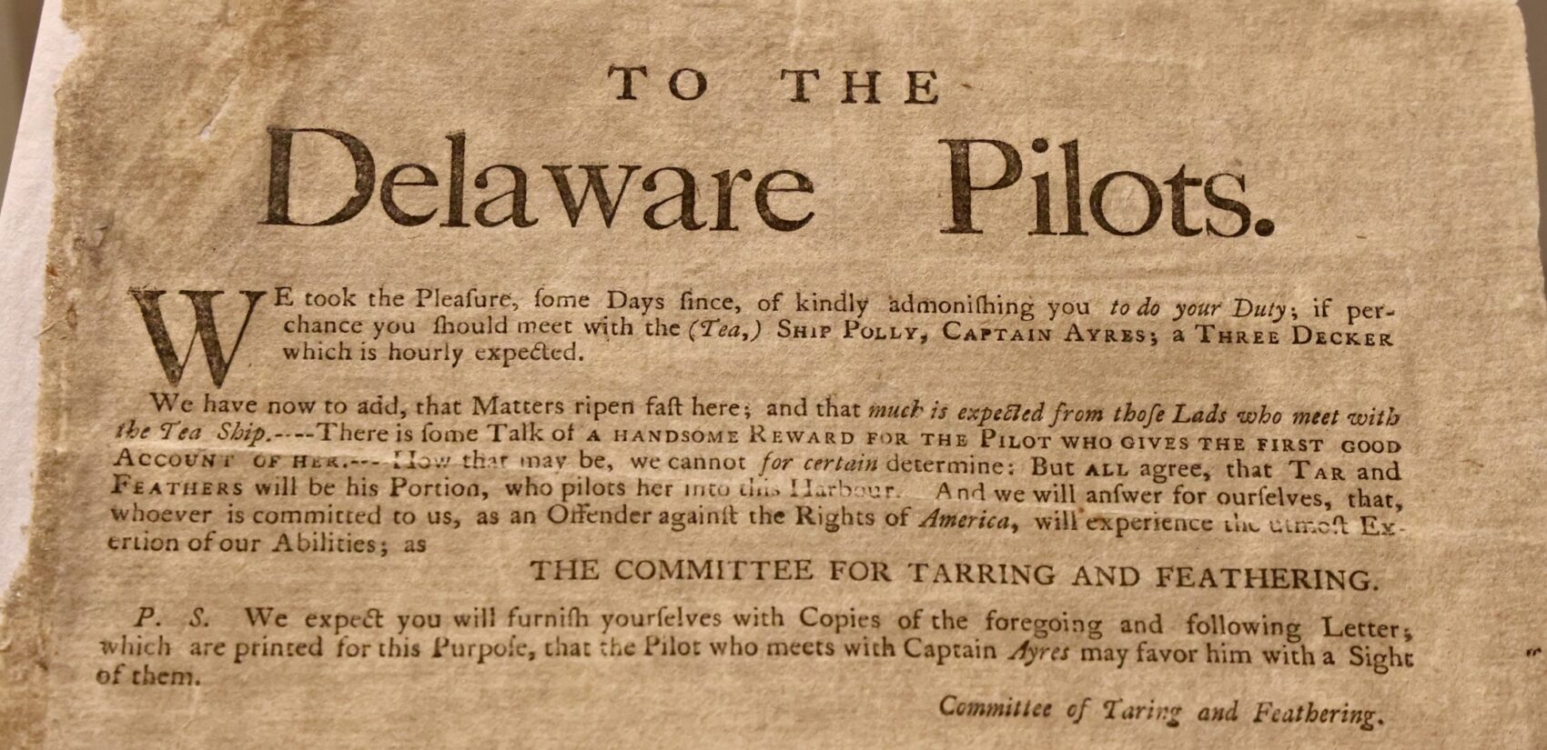 A broadside addressed to Delaware pilots advises them not to pilot any tea carrying vessels into the harbor and offers a reward for information