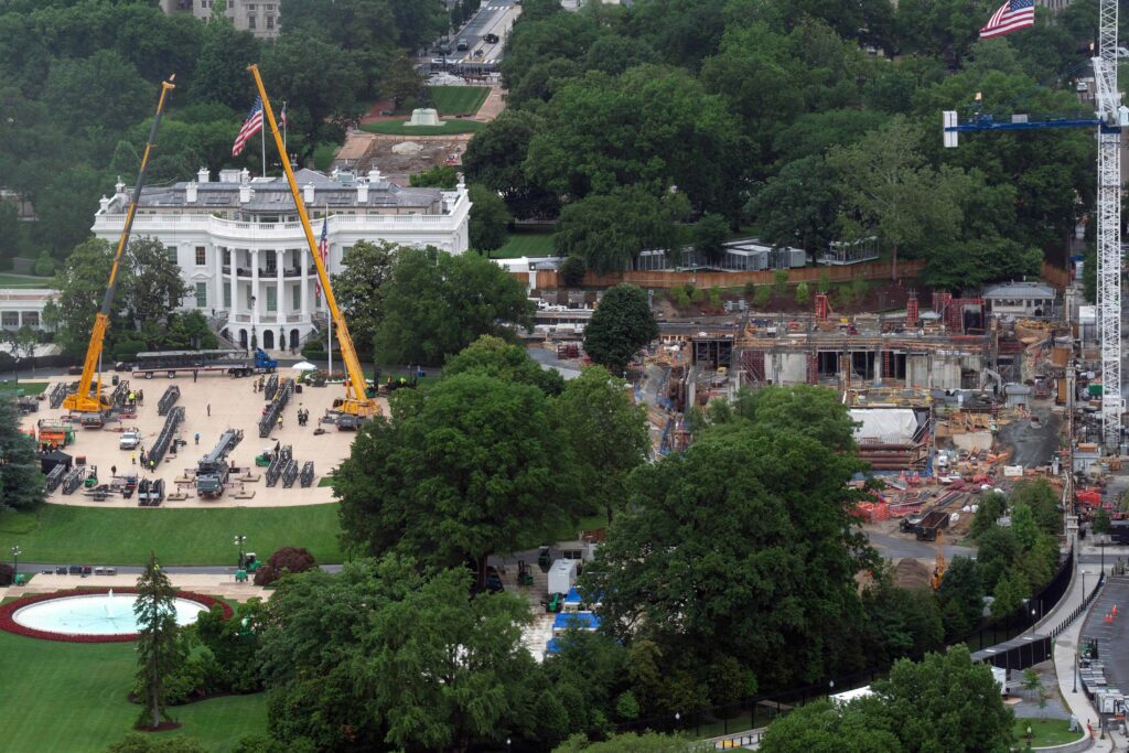 APTOPIX Trump White House Ballroom Work continues on the construction of the ballroom at the White House and a UFC cage on the South Lawn, Saturday, May 23, 2026, in Washington. (AP Photo/Jose Luis Magana)
