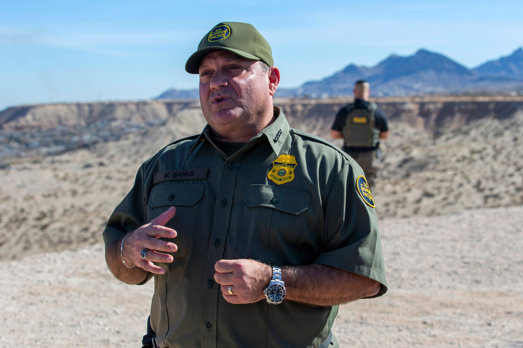 Trump Immigration Border Patrol Border Patrol Chief Michael Banks speaks to reporters during the visit to the US-Mexico border by Defense Secretary Pete Hegseth in Sunland Park, New Mexico