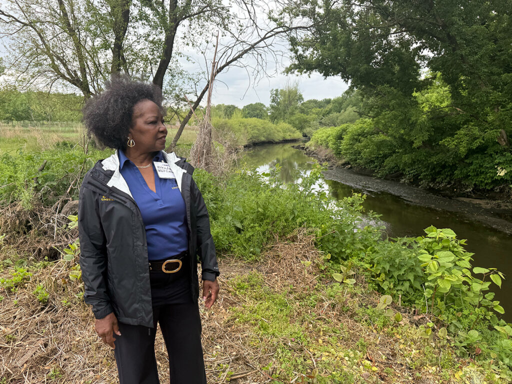 Eastwick resident Brenda Whitfield stands on low-lying marshland