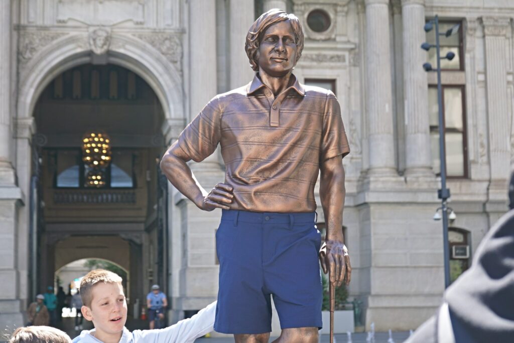 dilworth-park-statue-bp-051226 A statue of professional golfer Forrest Fezler in Dilworth Park