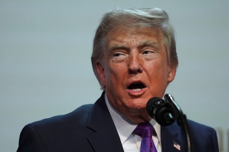 President Donald Trump speaks in the Eisenhower Executive Office Building on the White House campus, Monday, May 18, 2026, in Washington.