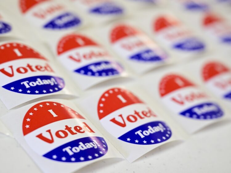 ''I Voted'' stickers are seen at a polling place on Election Day, Tuesday, Nov. 5, 2024.