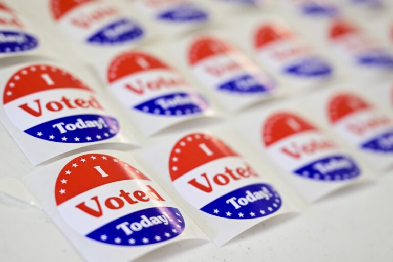 ''I Voted'' stickers are seen at a polling place on Election Day, Tuesday, Nov. 5, 2024.