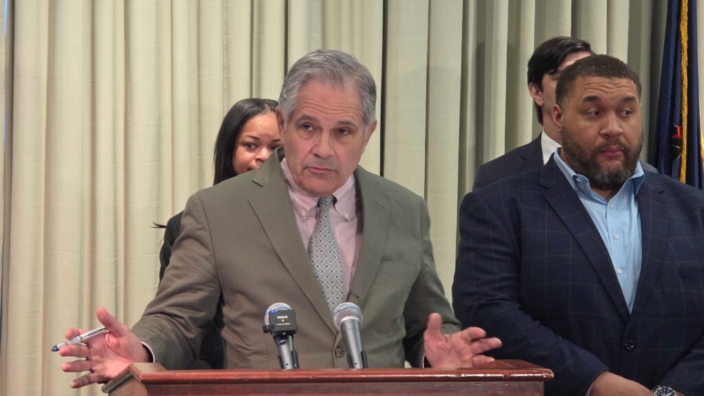 larry-krasner-omar-sabir-2026-05-18 Philadelphia District Attorney Larry Krasner and City Commissioner Omar Sabir at a press conference