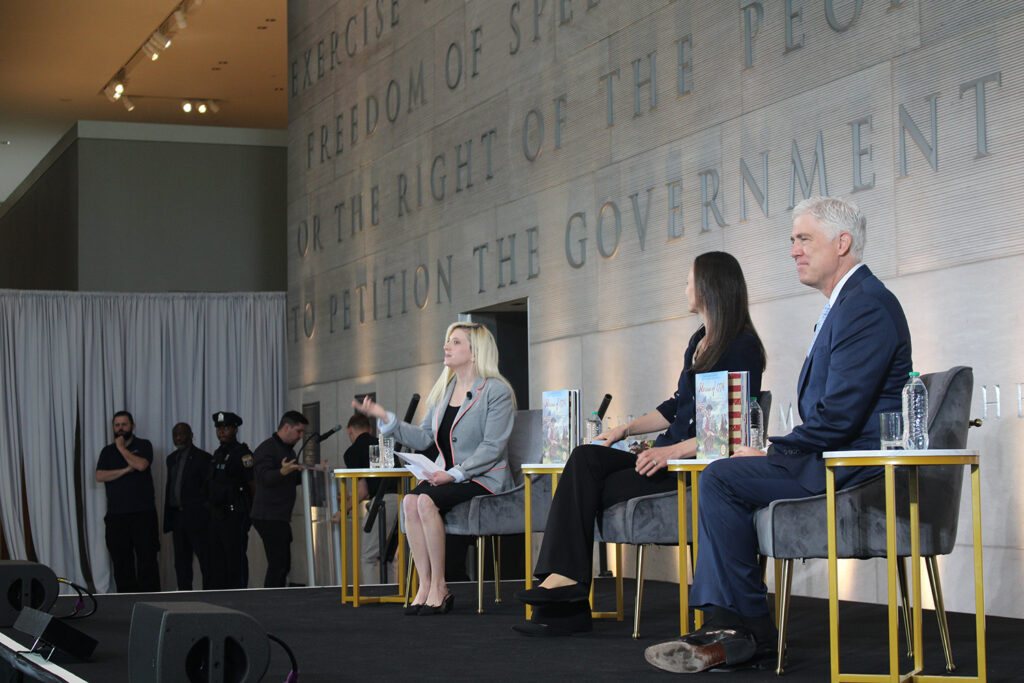 From left, Julie Silverbook of the National Constitution Center moderated a discussion with Janie Nitze and U.S. Supreme Court Justice Neil Gorsuch about their children's book, 