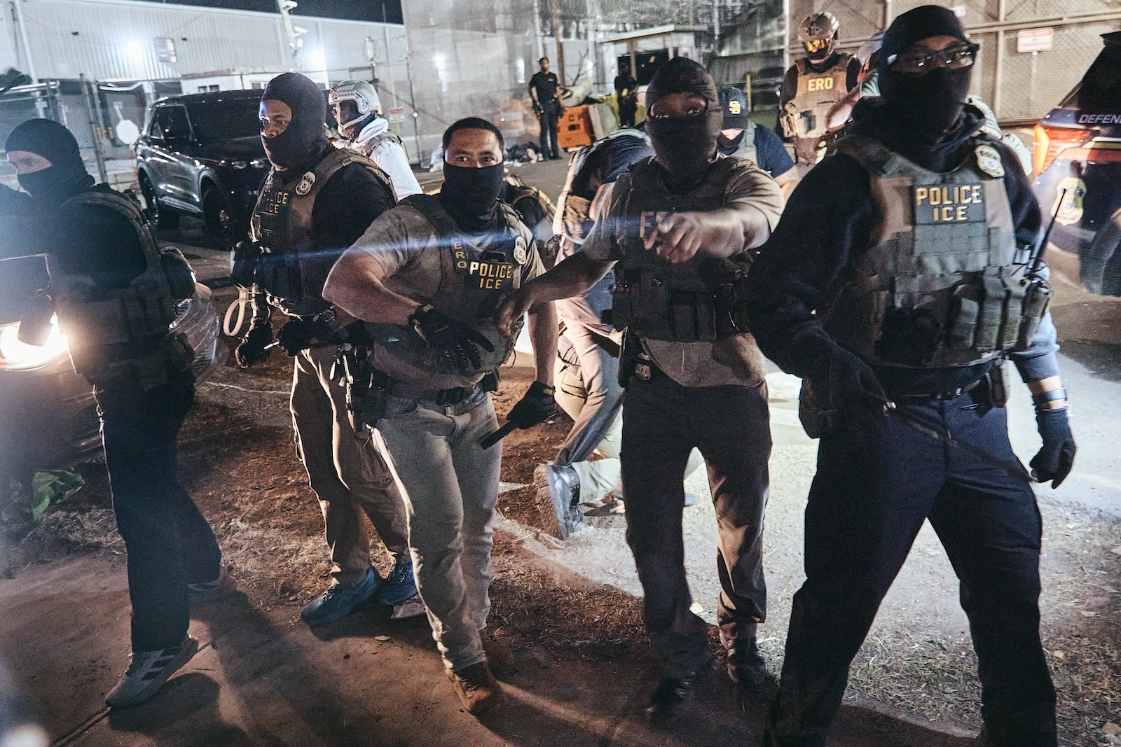 ICE agents go after protestors outside the Delaney Hall detention center during a protest on Wednesday, May 27, 2026, in Newark, N.J. Inside the facility, detainees carried out a labor and hunger strike for days over alleged living conditions.