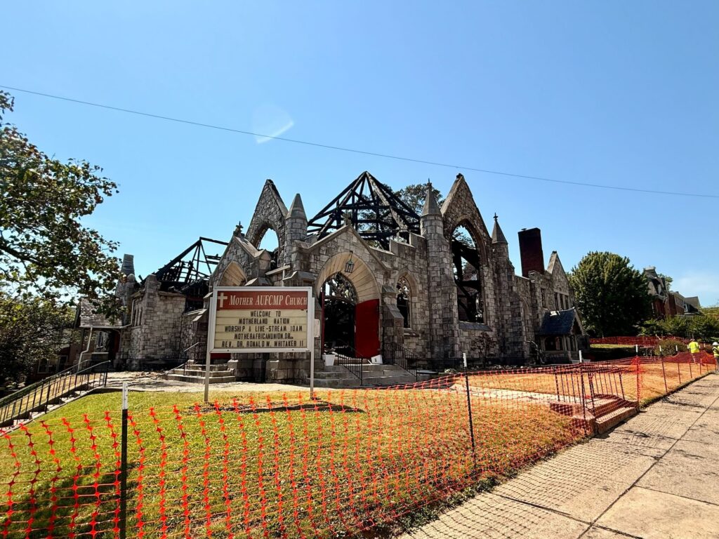 The remains of a church building are seen following a devastating fire.