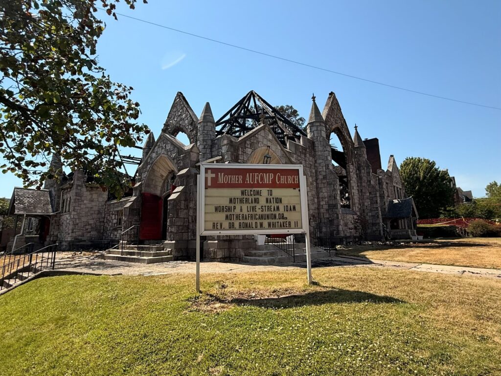 The remains of a church building are seen following a devastating fire.