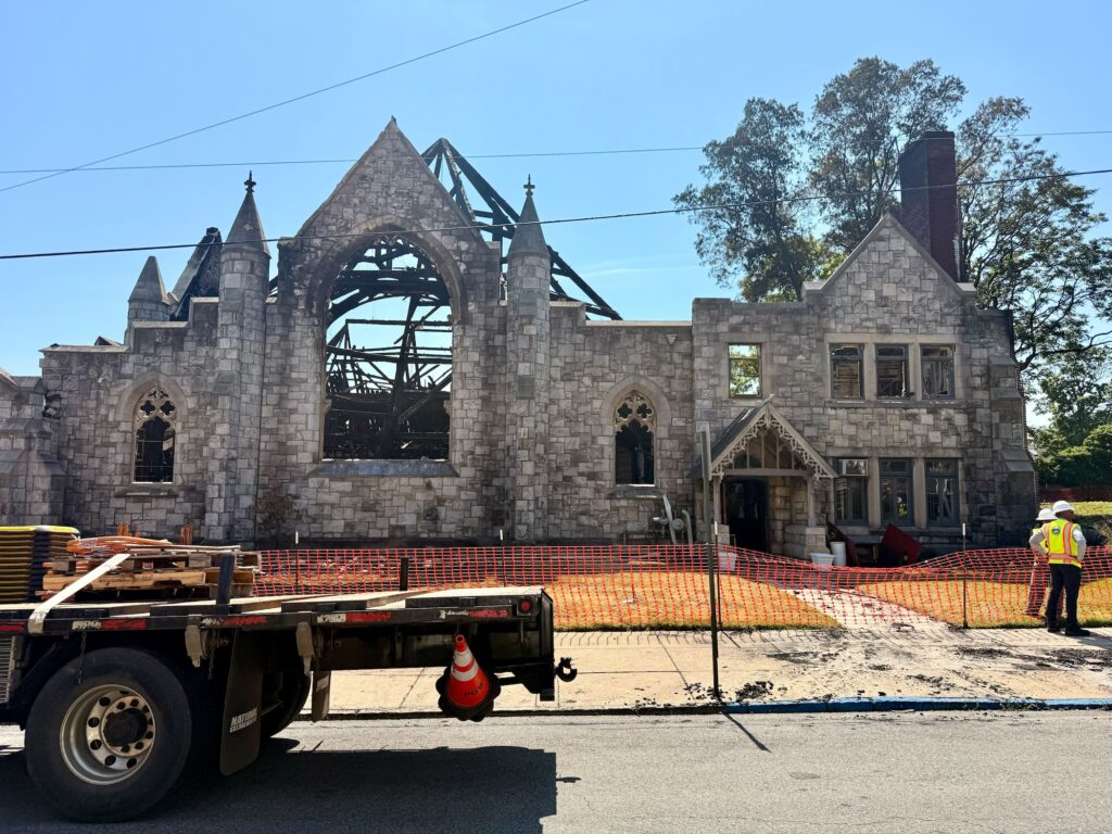 The remains of a church building are seen following a devastating fire.