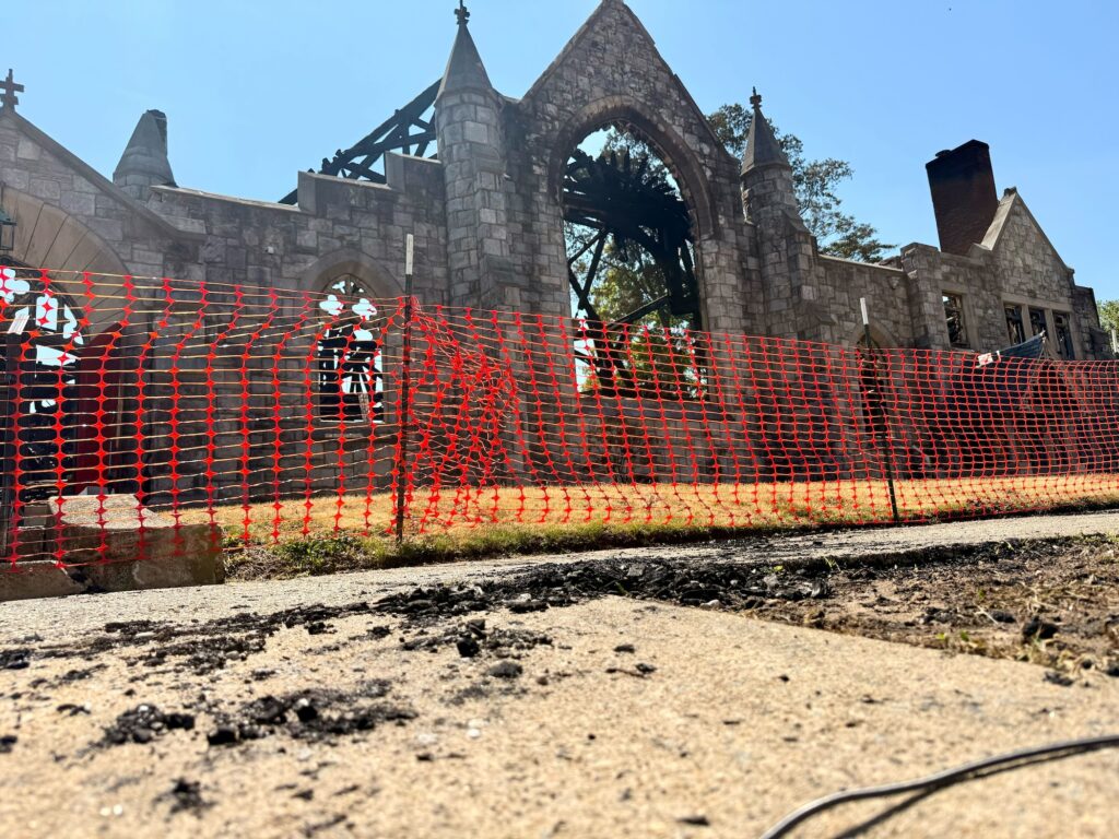 The remains of a church building are seen following a devastating fire.