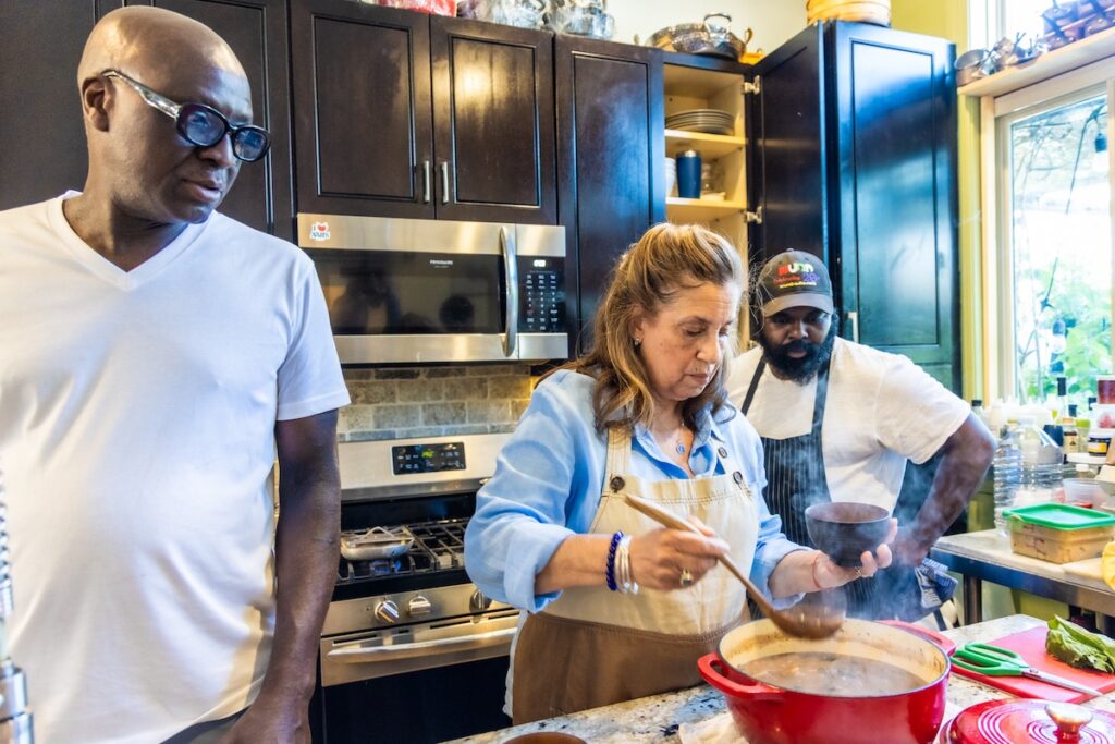 WHYY asked 3 chefs to create their best pepper pot soup recipe and recorded the reactions. From left: Chef Shola Olunloyo, owner of Studio Kitchen; Chef Angie Brown; Chef Omar Tate, co-owner at Honeysuckle. (Kimberly Paynter/WHYY)