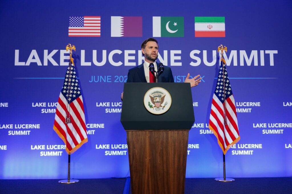 APTOPIX Switzerland Iran US Negotiations Vice President JD Vance speaks to members of the media after the U.S. and Iran held high-level talks at the Bürgenstock Resort in Obbuergen, near Lucerne, in Switzerland, Monday, June 22, 2026. (Nathan Howard/Pool Photo via AP)