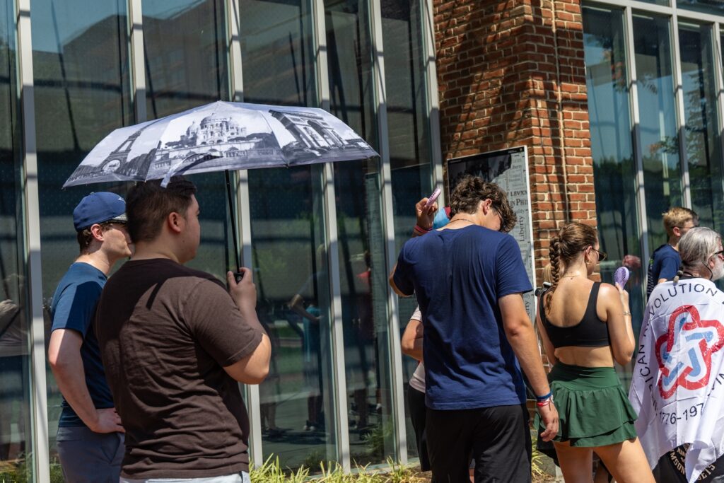 Visitors stand in line to see the Liberty Bell in Old City, Philadelphia on July 3, 2026