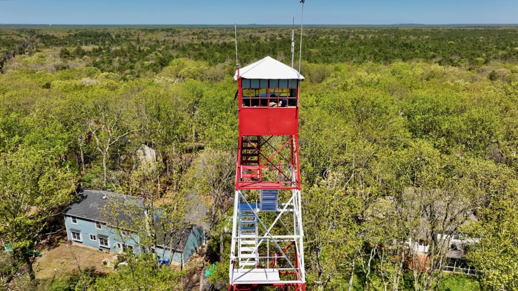 The fire tower is seen in surrounded by trees.