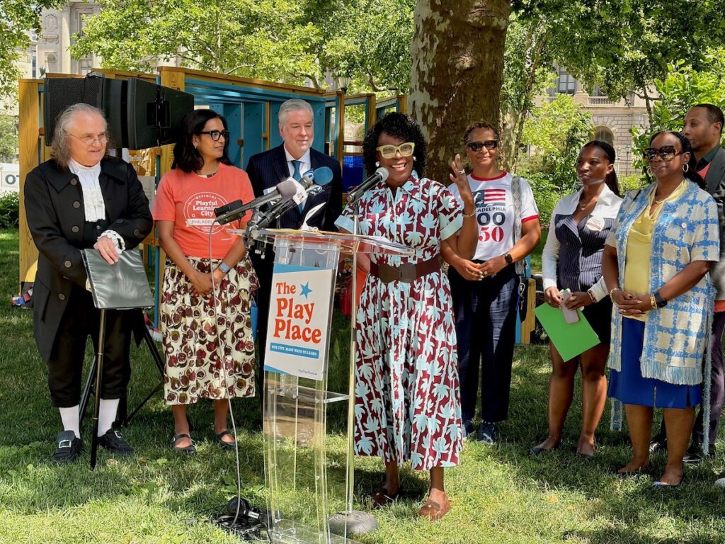 Cherelle Parker speaking at new Playful Learning installation