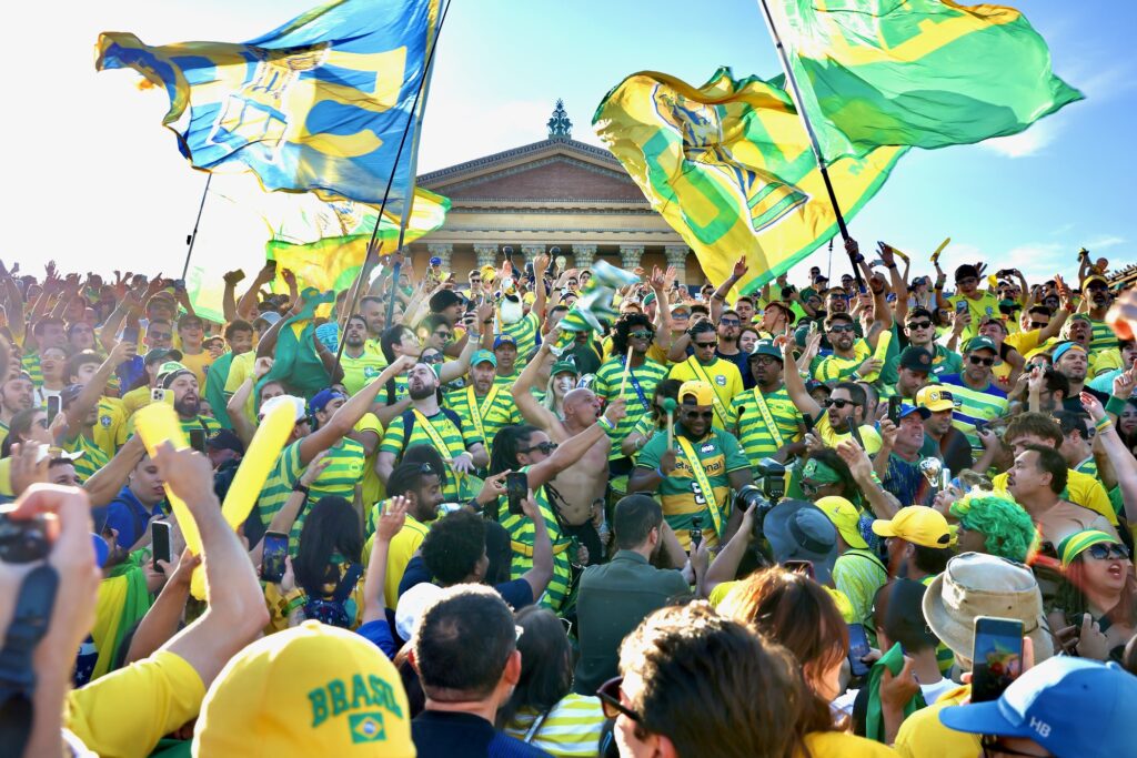 Brazilian fans rally on the steps of the Art Museum.